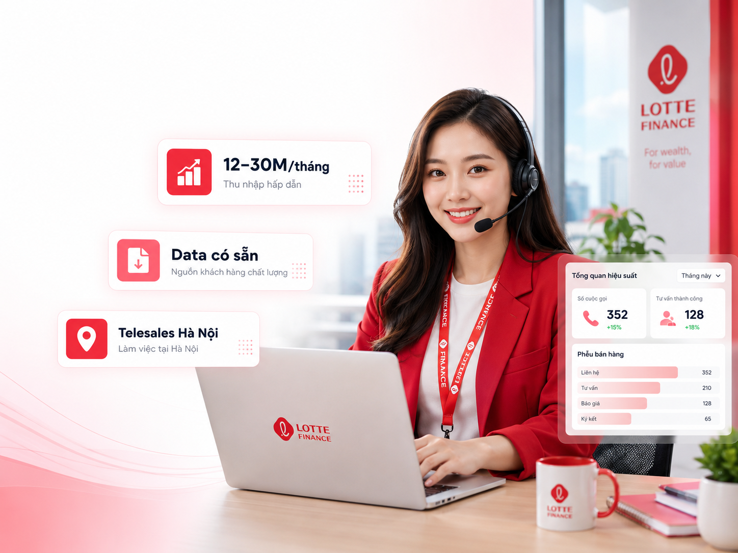 Nhân viên nữ telesales tài chính Lotte Finance tại Hà Nội đang tư vấn khách hàng trong văn phòng hiện đại